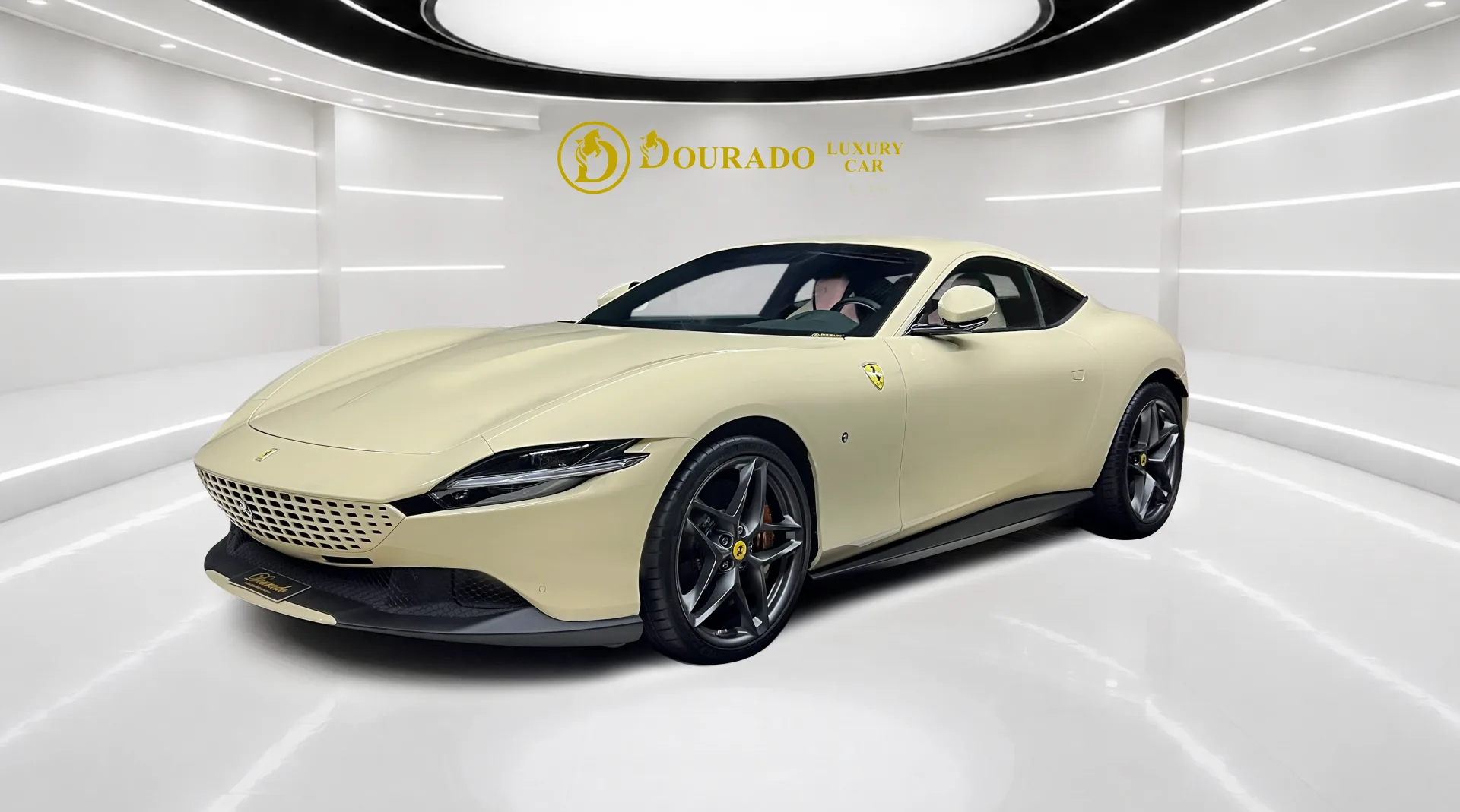 Own a 2022 Ferrari Roma luxury sports car in ivory beige