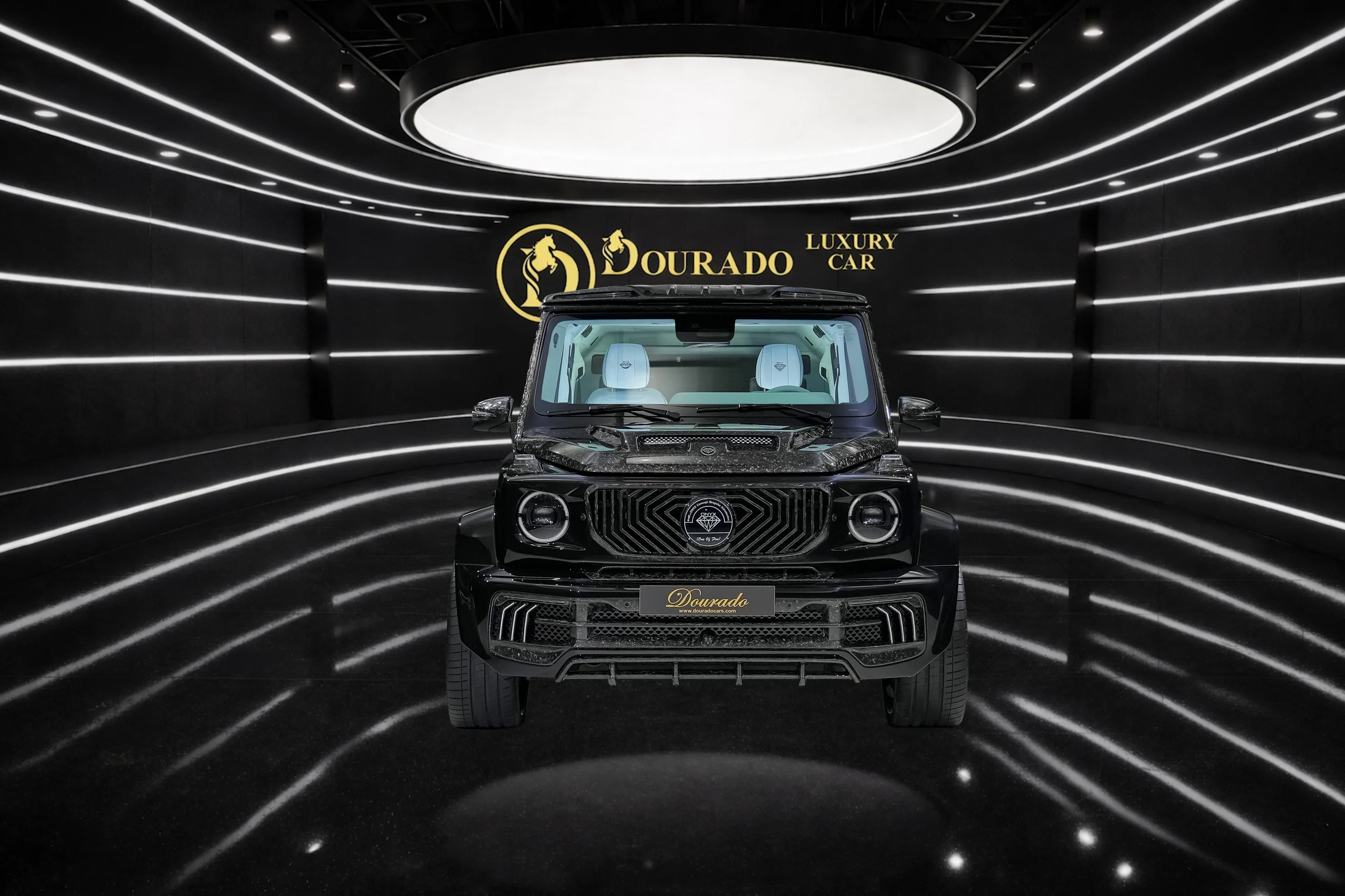 Front view of a black luxury SUV in a futuristic showroom with curved white neon stripes and a gold 'Dourado Luxury Car' logo on the wall
